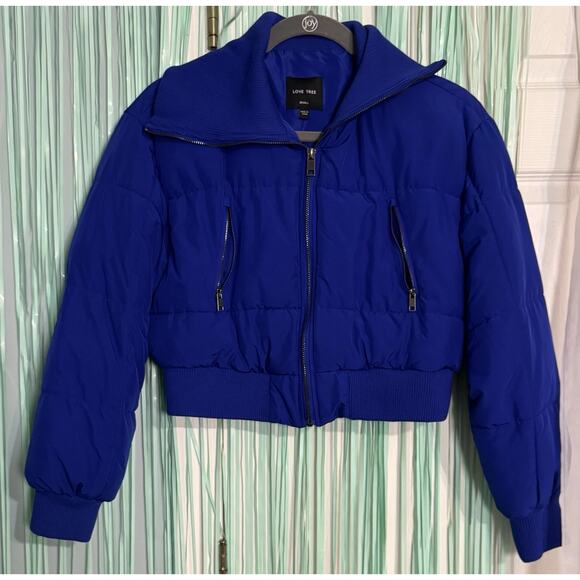 Love Tree Royal Blue Cropped Puffer Jacket, Pockets, Zip Closure, Polyester, S - Picture 1 of 7
